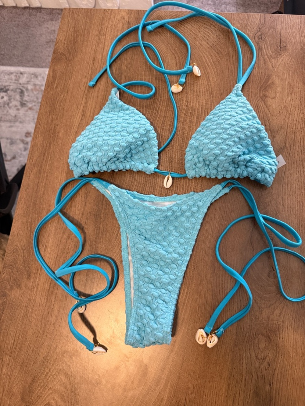 Textured Aqua Blue Tie Bikini Set